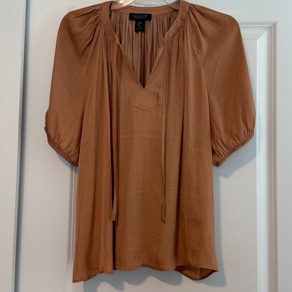Rachel Zoe Women's Medium Tan / Brown Dress Shirt Tie Front Blouse Good